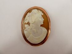 An Antique Shell Cameo Brooch, carved with a classical profile, contained within a 9 ct rose gold