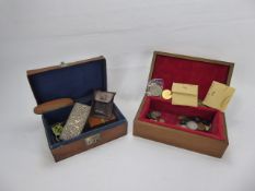 A Gentleman's Lot, comprising company cap badges, Hook's Cologne, eye glass etc., coins in a box,