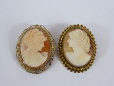 Two Antique Shell Cameo Brooches, depicting classical profile, contained within yellow metal mounts,