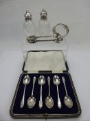 Miscellaneous Silver, including salt, pepper, Arts & Crafts sugar nips, boxed set of six coffee