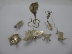 A Set of Seven Silver Oriental Miniature Animals, including a King Cobra, Cockroach, Turtle,