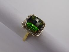 An Art Deco Style 18 ct Yellow Gold Green Tourmaline and Diamond Ring, tourmaline approx 11 mm,