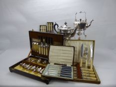 A Quantity of Silver Plate including spirit kettle and teapot together with miscellaneous cutlery.