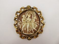 Antique Shell Cameo Mourning Brooch, carved with the 'Three Graces', contained within a yellow metal