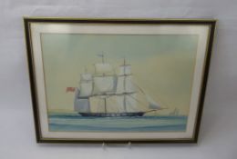 Five Original Water Colour Paintings of Clippers in full sail, approx 42 x 32 cms unsigned, framed