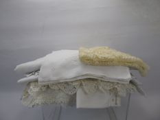 Miscellaneous Antique Lace and Cotton Linen, including place settings, tray cloths and tablecloths.