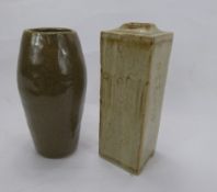 R. Higgs for Winchcombe Pottery, cream glaze square pillar vase, with incised decoration together