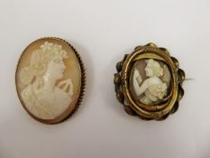 Two Antique Shell Cameo Brooches, carved with classical profiles, one in a silver mount approx 4.8 x