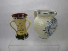 A Cream and Blue Porcelain Jug, marked 'AQ19 AD Malva', approx 19 cms high, together with a