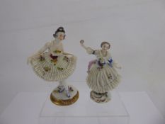 19th Century Royal Vienna Porcelain Dancing Figurines, with filigree lace gowns, approx 13 and 11