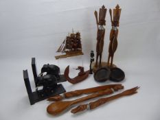 Miscellaneous Wooden Items, including two oriental jar stands, two ebony elephant book ends, two