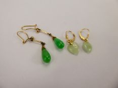 A Pair of 14 ct Yellow Gold White Jade Heart Shaped Earrings, together with a another green jade