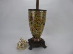 An Antique French Porcelain Lustre Ware Lamp Base, hand-painted foliate design on bronze circular