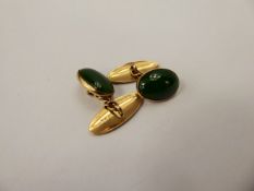 A Pair of Gentleman's 9 ct Yellow Gold and Bright Green Jade Cuff Links, approx wt. 5.5 gms.