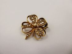 An Antique 14ct Yellow Gold and Seed Pearl Four Leaf Clover Brooch, the brooch having numbers to