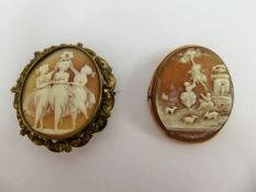 Two Antique Shell Cameos, carved with 'Three Graces' and 'Harvest Scene', contained within gilt