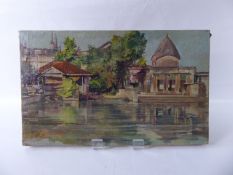 20th Century, Oil on Canvas, 'Riverview with Architecture', monogram PK, lower left, approx 27.7 x