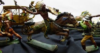 A Vintage Group of Elastolim Painted Figures, including a Model Stage Coach with horses, five