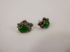 A Pair of 18 ct White Gold Diamond and Green Jade Earrings, the earrings each set with five dias and