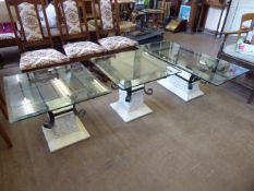 Three Marble Effect and Wrought Iron Glass Topped Occasional Tables, one large rectangular, approx