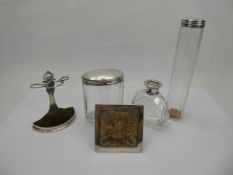 Miscellaneous Silver, including three silver top vanity bottles, Mappin & Webb hat pin stand and a