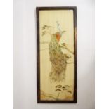 A Victorian Fine Embroidery on Moire Silk, depicting a peacock seated on a branch, framed and