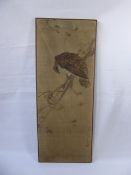 Japanese Silk Painting, depicting a bird of prey, with character marks to lower right, approx 135