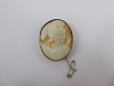 An Antique Shell Cameo Brooch, carved with a Roman centurion profile, approx 3 x 4 cms, within a