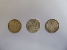 Three Liberty Silver Dollar Coins, dated 1884,87 and 1888, approx 80 gms