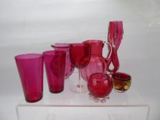 Miscellaneous Cranberry Glass, including seven small water tumblers, sherry glass, stem vase, two