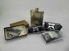 Gentleman's Lot Silver Plated Hip Flask, Silver Plated Cigarette Case, two Rand Nr 1 Opera Glasses