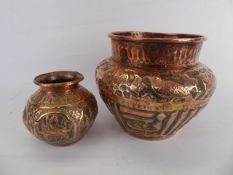 An Antique Copper Middle Eastern Jardiniere approx 17 cms dia x 21 cms and small vase. (2)
