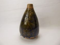 R. Higgs for Winchcombe Pottery, ovoid design with green and blue drip glaze, incised decoration,