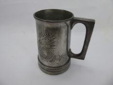 A Chinese Pewter Glass Bottomed Tankard, engraved with dragon, marked Kut Hing Swatow.