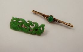 A Vintage Yellow Gold and Green Cabachon Stone Brooch approx 8 x 6 mm, together with another