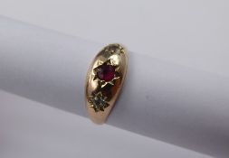 A Vintage 9 ct Yellow Gold Ruby, Diamond and White Stone Ring, ruby approx 3.2 mm, 1 x 3.5 pt dia,