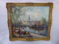 An Original Oil on Canvas, depicting Flower Sellers on the Banks of the Amstel, approx 80 x 70