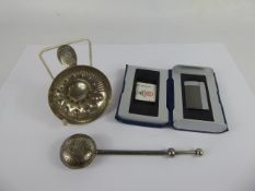 Miscellaneous items, including an Orient Express lighter, tea strainer and quaich.