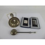 Miscellaneous items, including an Orient Express lighter, tea strainer and quaich.