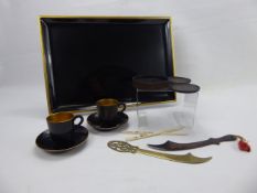 A Boxed Japanese Black Lacquered Coffee Set, with matching tray, together with coasters and a pair