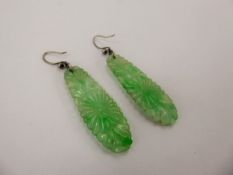 A Pair of Chinese Green and White Jade Carved Floral Earrings with silver mounts, approx 42 x 10 mm,