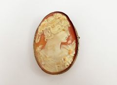 An Antique Shell Cameo Brooch, carved with a feminine profile, approx 4.5 x 6 cms, contained