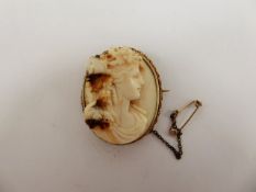 An Antique Delicately Carved Shell Cameo Brooch, carved with a feminine profile in high relief,