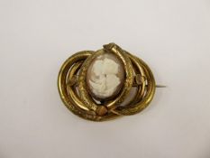 An Antique Shell Cameo Knot Brooch, carved with lovers, contained within a gold metal mount,