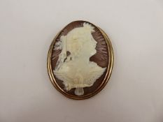 An Antique Shell Cameo Brooch, carved with the Virgin Mary in profile, contained within a yellow