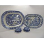 Two Antique Blue and White Meat Plates, Willow Pattern one plate approx 55 x 44 cms together with