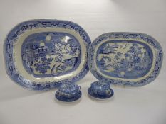 Two Antique Blue and White Meat Plates, Willow Pattern one plate approx 55 x 44 cms together with
