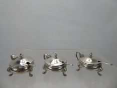 Three Silver Cruets, with original blue liners and spoons, Birmingham hallmark, mm Adie Bros,