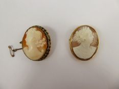 Two Antique Shell Cameo Brooches, carved with classical profiles, contained within 9ct gold