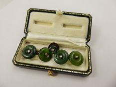 A Pair of Gentleman's 9 ct Yellow Gold Green Jade and Diamond Cuff Links, approx wt. 7.7 gms,